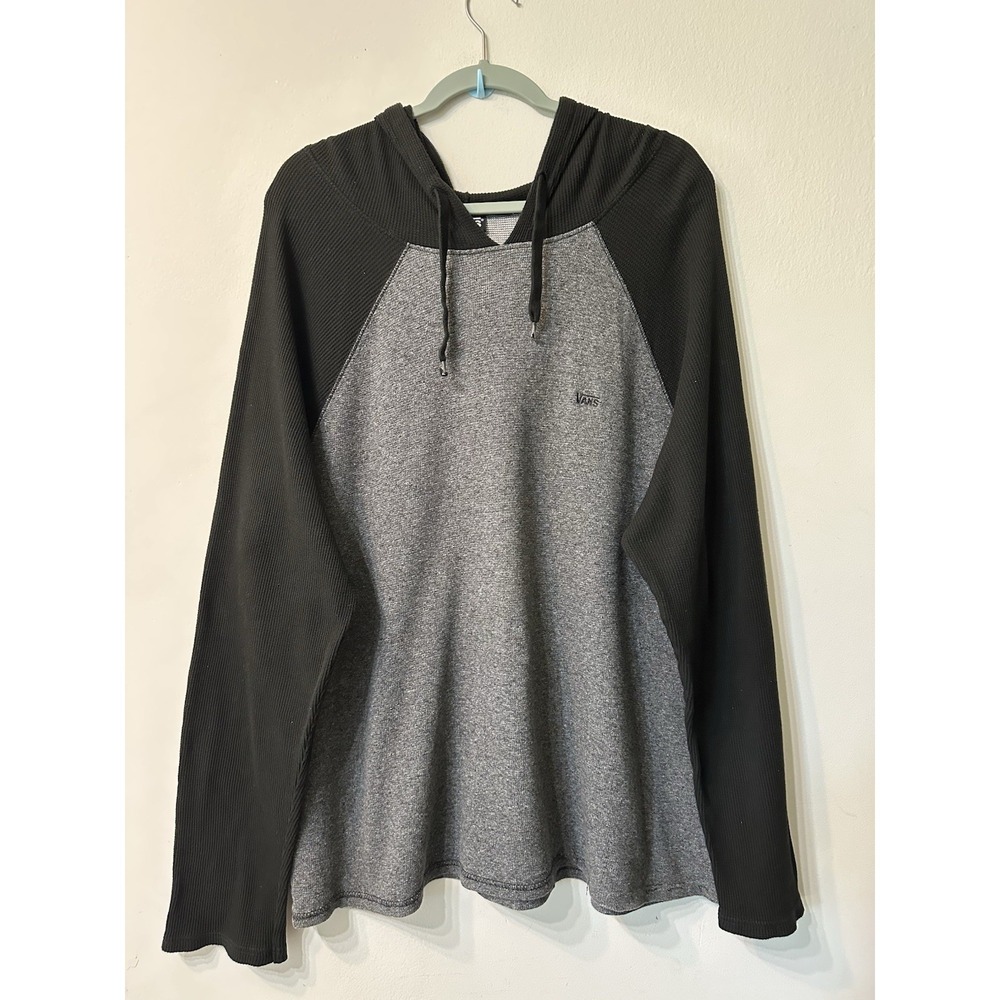 Vans Men XXL Hoodie Gray Black Raglan Waffle Knit Pullover Fall 17 Cotton